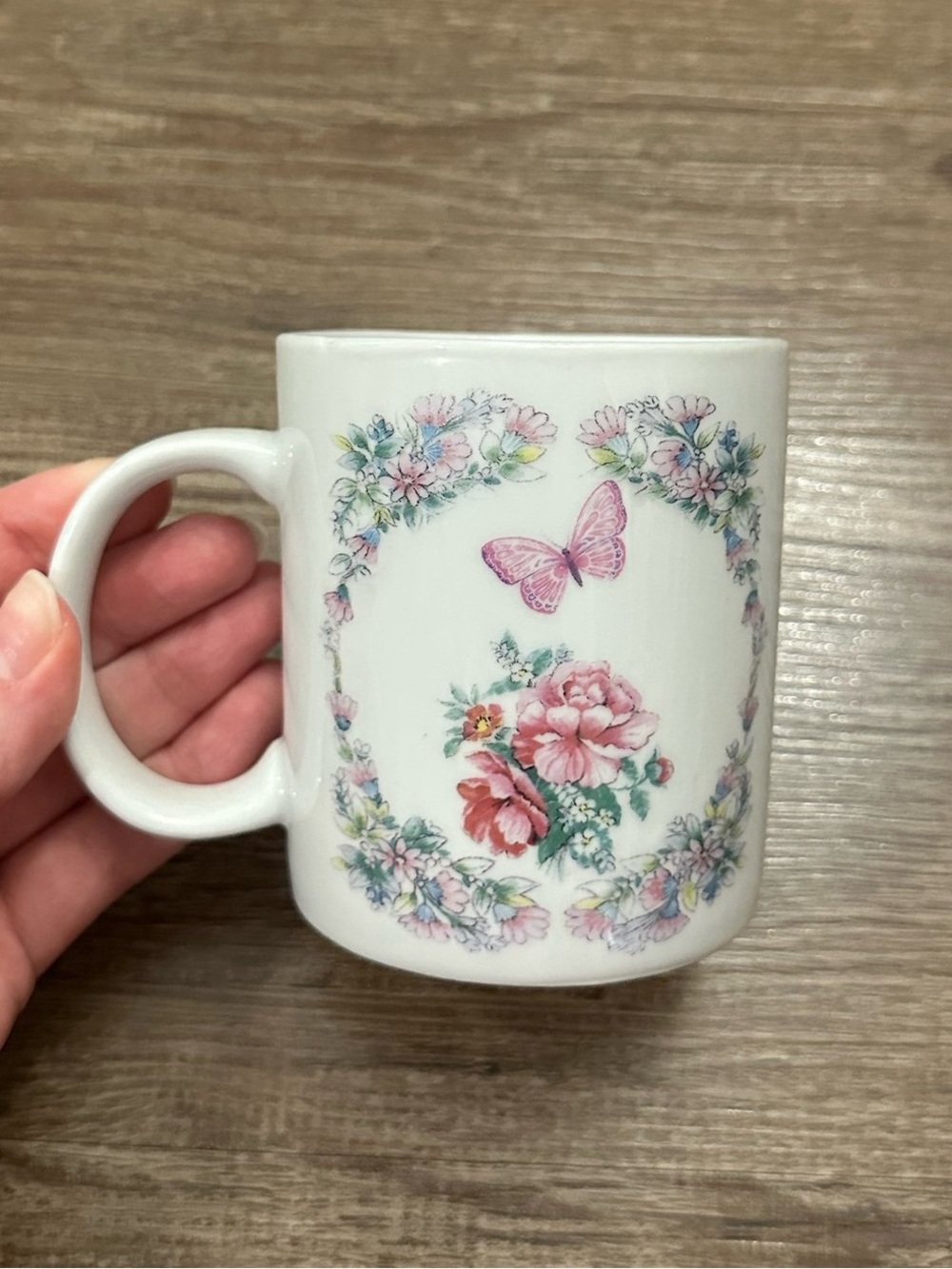 White Ceramic Mug with Pink Butterfly & Floral Wreath